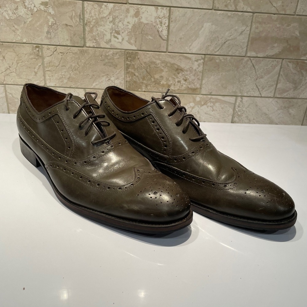 Johnston & Murphy Mens Olive Green Leather Wingtip Oxford Shoes 12 M 20-4228